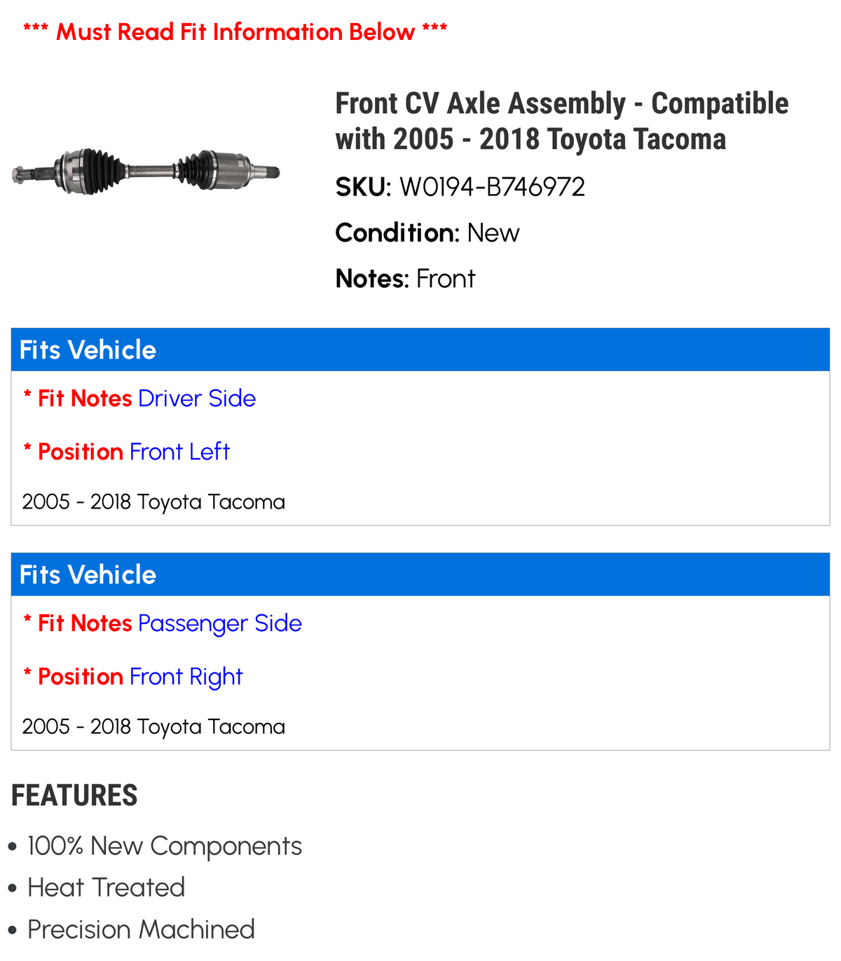 Front  Axle Assembly - Compatible with 2005 - 2018 Toyota Tacoma 2006 2007 2008 2009 2010 2011 2012 2013 2014 2015 2016 2017
