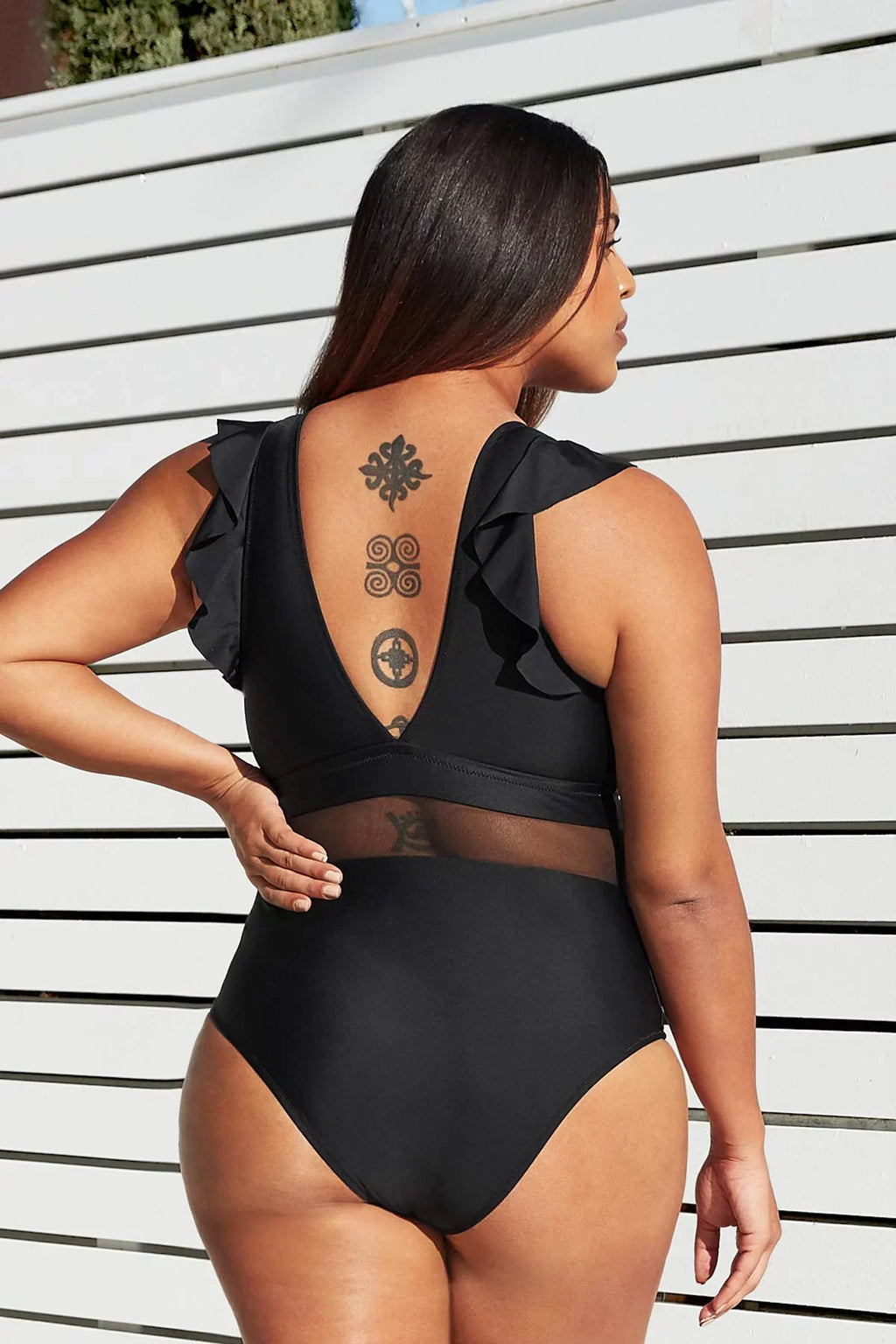 Cupshe Women's Plus Size One Piece Black  Neck Ruffle Mesh Bathing Suit,