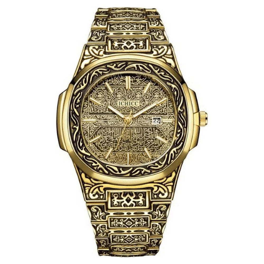 Vintage Gold Watch for Men  Analogue Quartz Wrist Watches with Calendar Stainless Steel Strap