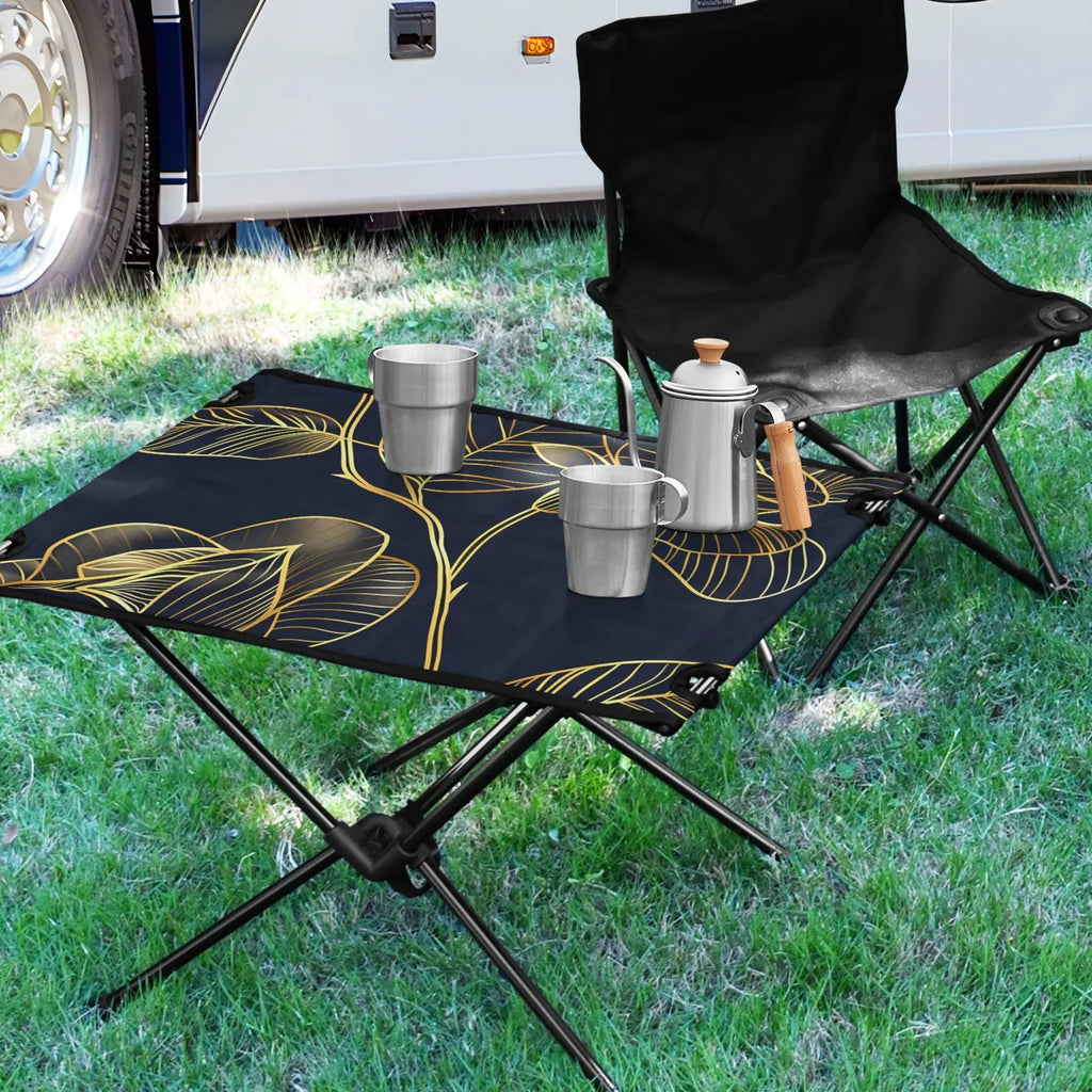 Luxury Golden Rose Flower Camping Folding Table Portable Beach Table with Storage Bag Compact Picnic Table for Outdoor Travel Fishing
