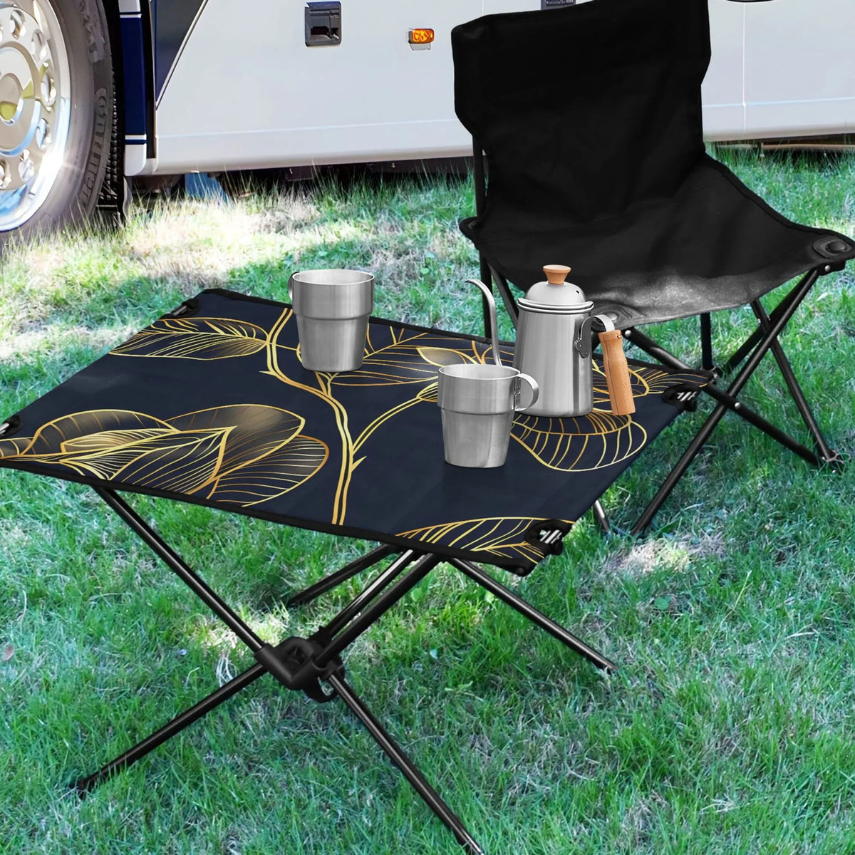 Luxury Golden Rose Flower Camping Folding Table Portable Beach Table with Storage Bag Compact Picnic Table for Outdoor Travel Fishing