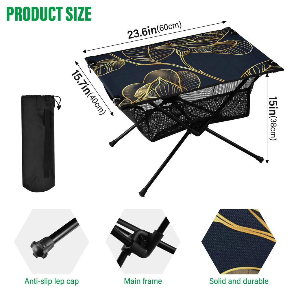 Luxury Golden Rose Flower Camping Folding Table Portable Beach Table with Storage Bag Compact Picnic Table for Outdoor Travel Fishing