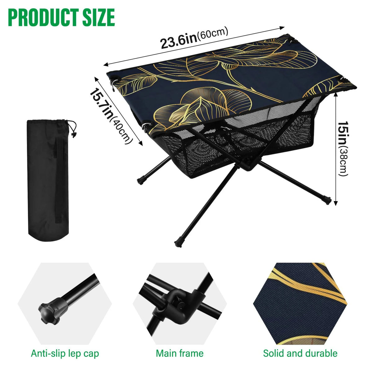 Luxury Golden Rose Flower Camping Folding Table Portable Beach Table with Storage Bag Compact Picnic Table for Outdoor Travel Fishing
