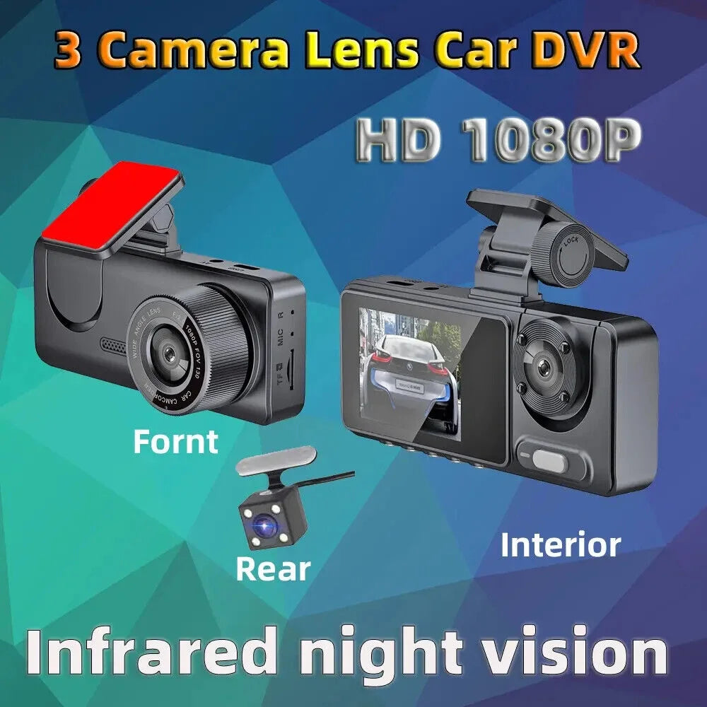 Car Dash Cam 1080P Dual Lens Front/Rear/Inside -sensor Video Recorder Monitor System