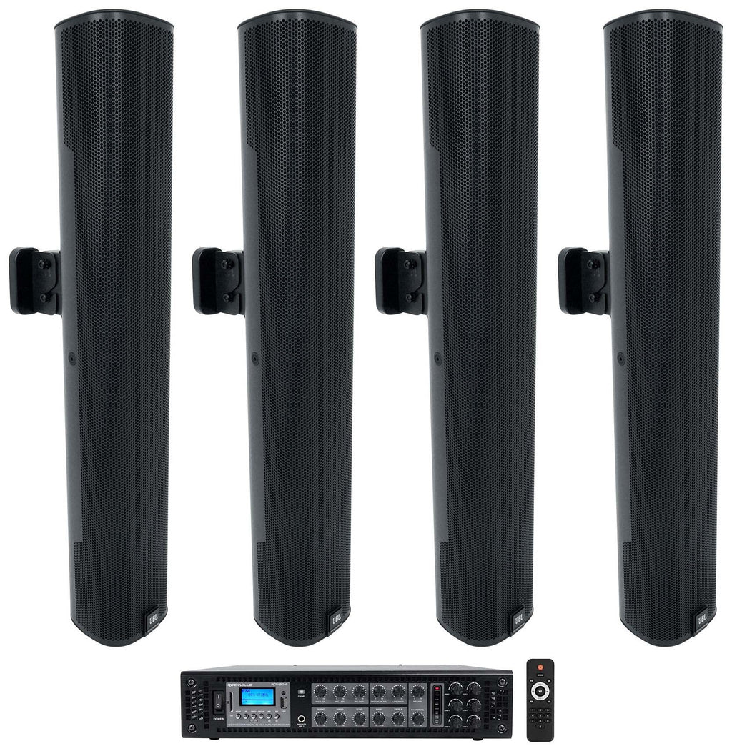 (4)  - 24" Black 70V Commercial Column Wall Mount Array Speakers+Amp