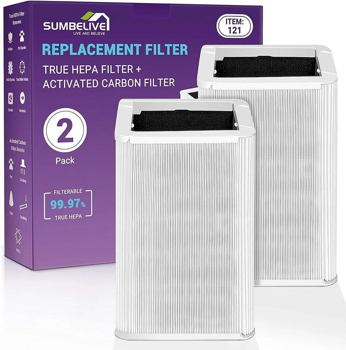 2 Pack 121 Replacement Filter for Blueair Blue Pure 121 Air Purifier, with Particle, Activated Carbon and  True  Filters