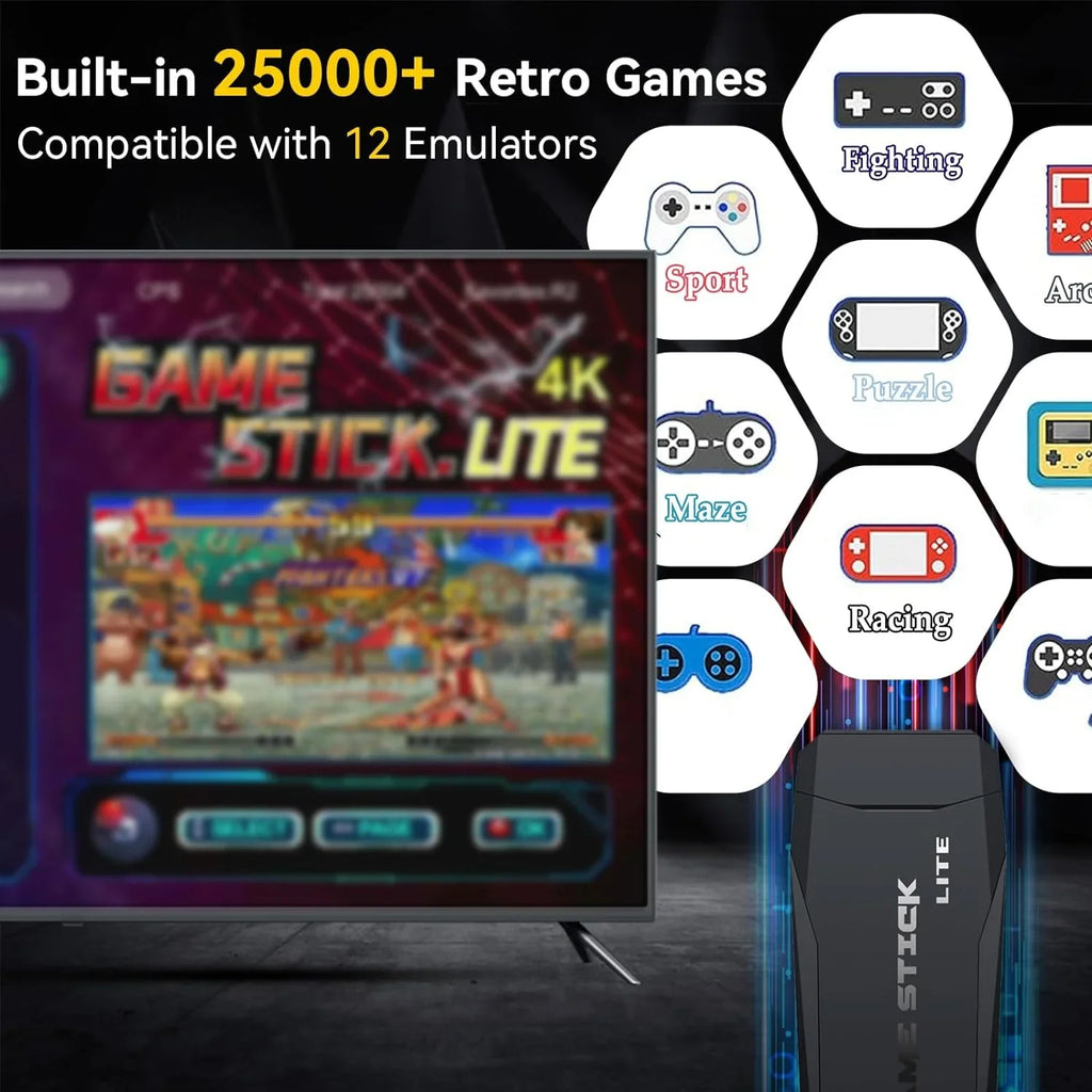 Retro Game Console Stick, 64G Nostalgia Game Stick with 25000+ Video Games, 12 Emulator Console Plug and Play for , Retro Play Compatible with //, 4K  Output, 2.4GHz Wireless Controllers