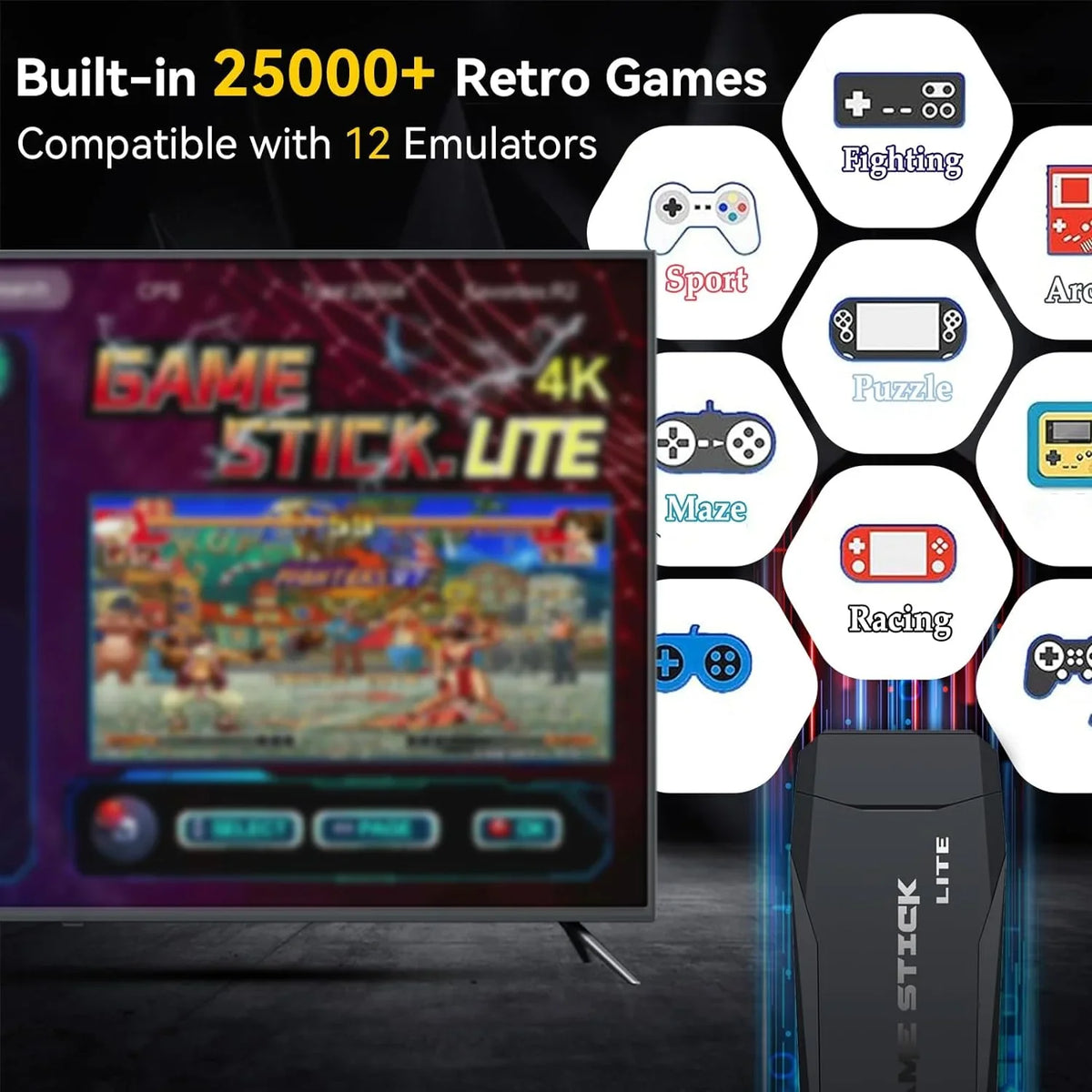 Retro Game Console Stick, 64G Nostalgia Game Stick with 25000+ Video Games, 12 Emulator Console Plug and Play for , Retro Play Compatible with //, 4K  Output, 2.4GHz Wireless Controllers